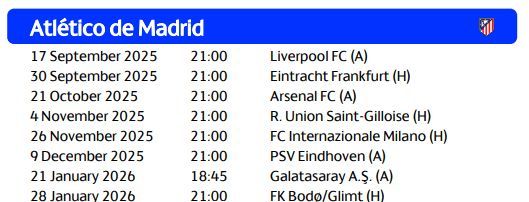  El calendario completo del Atlético de Madrid en la fase liga de Champions. (UEFA)