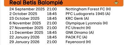  El calendario del Real Betis en la Europa League.