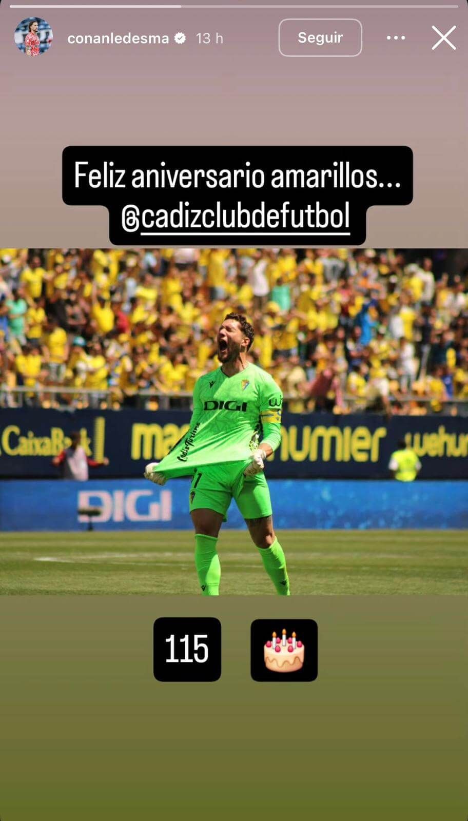  Conan Ledesma felicita al Cádiz en su perfil de Instagram.