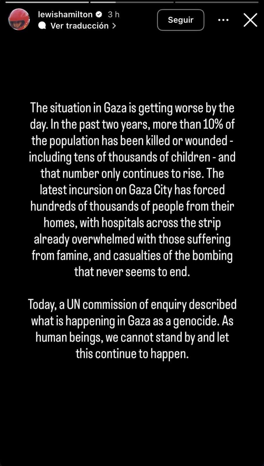 Lewis Hamilton pide ayuda al pueblo palestino en Instagram.