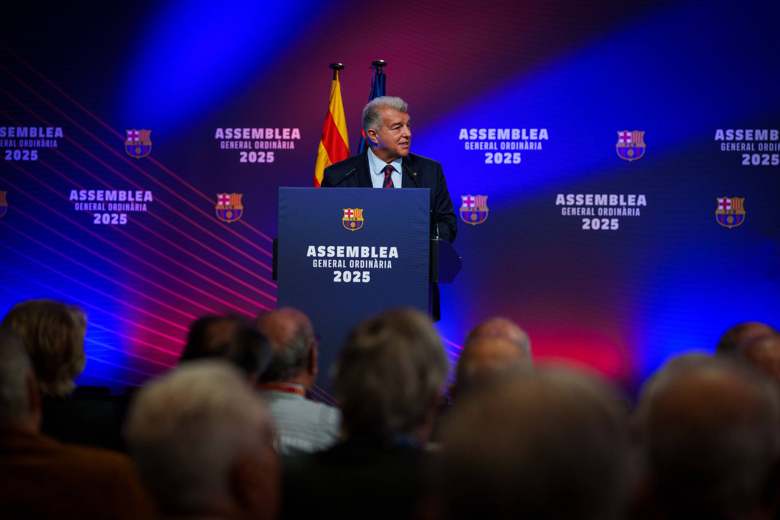  Joan Laporta, en la Asamblea del Barça 2025.