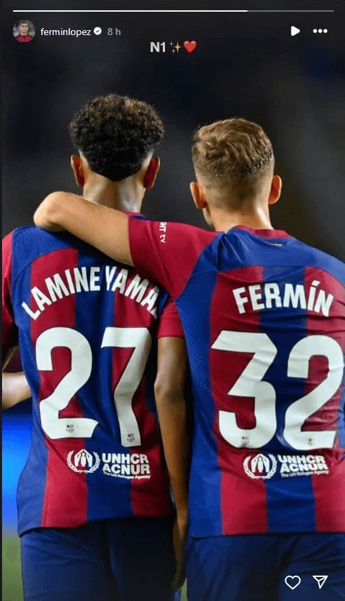  Fermín López mandando un mensaje de apoyo a Lamine Yamal en sus redes sociales (@ferminlopez)
