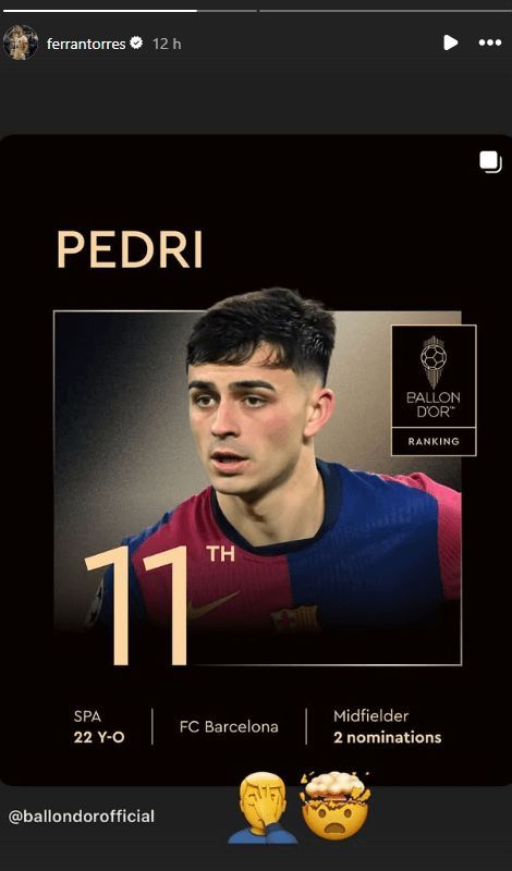  Imagen de redes sociales de Ferrán Torres expresando su incredulidad sobre Pedri y el ranking del