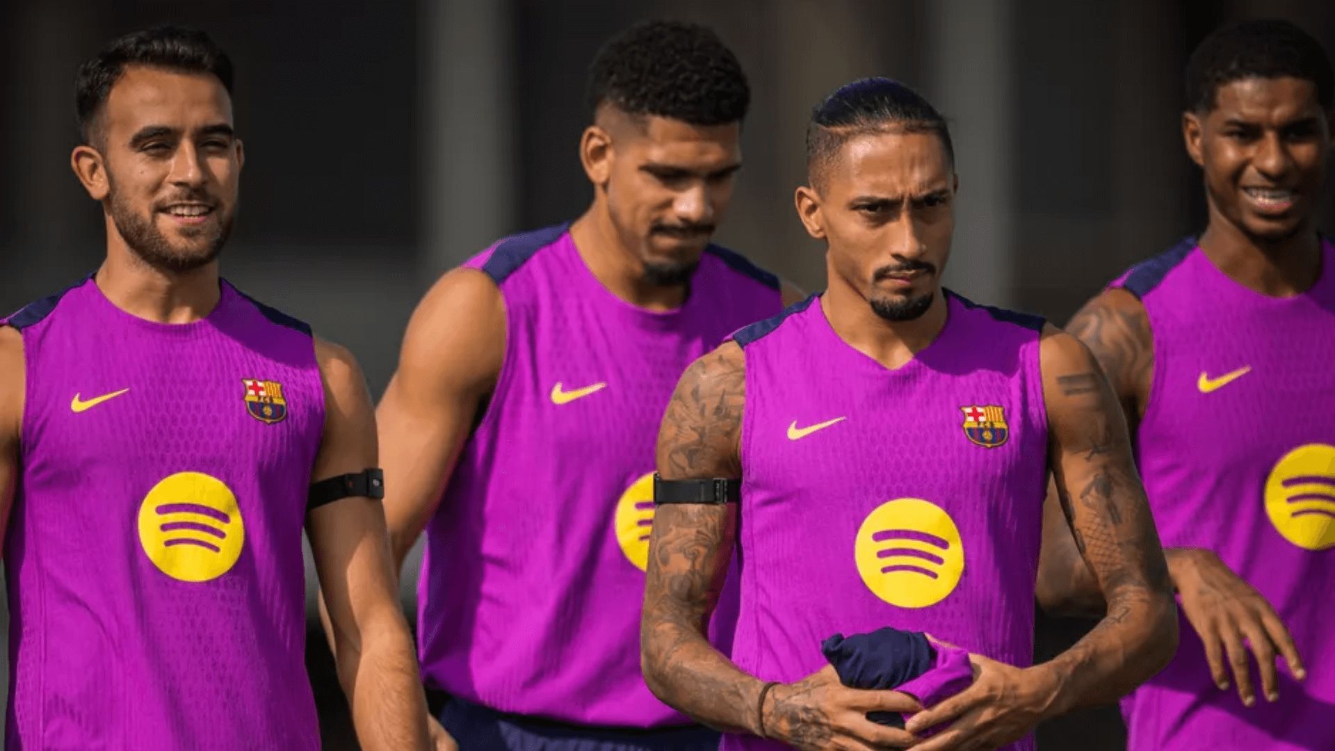 Eric García, Araujo, Raphinha y Rashford, en una sesión del Barcelona.