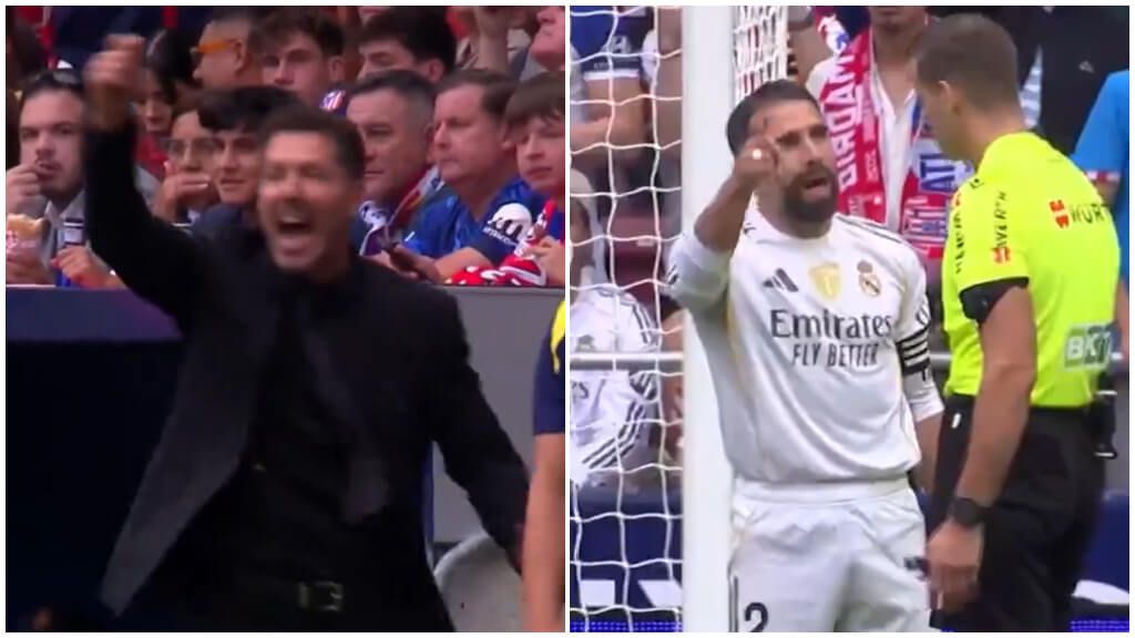 Diego Simeone y Dani Carvajal reaccionaron al penalti señalado sobre Nico González (foto: DAZN).