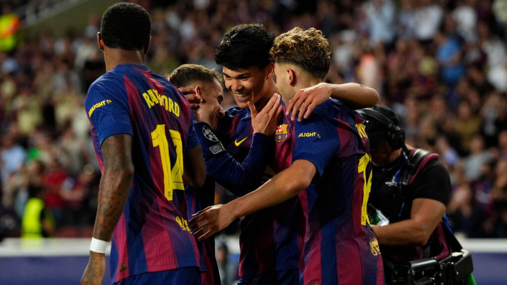  Los jugadores del FC Barcelona celebran un gol ante el Olympiacos