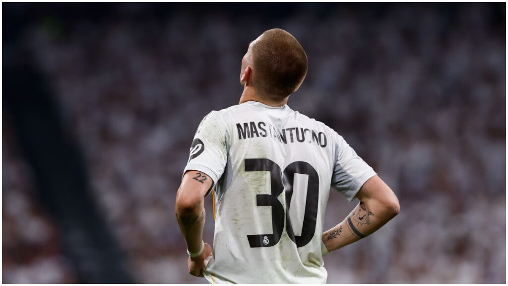  Franco Mastantuono, en el partido de Champions frente al Olympique de Marsella. (EFE)