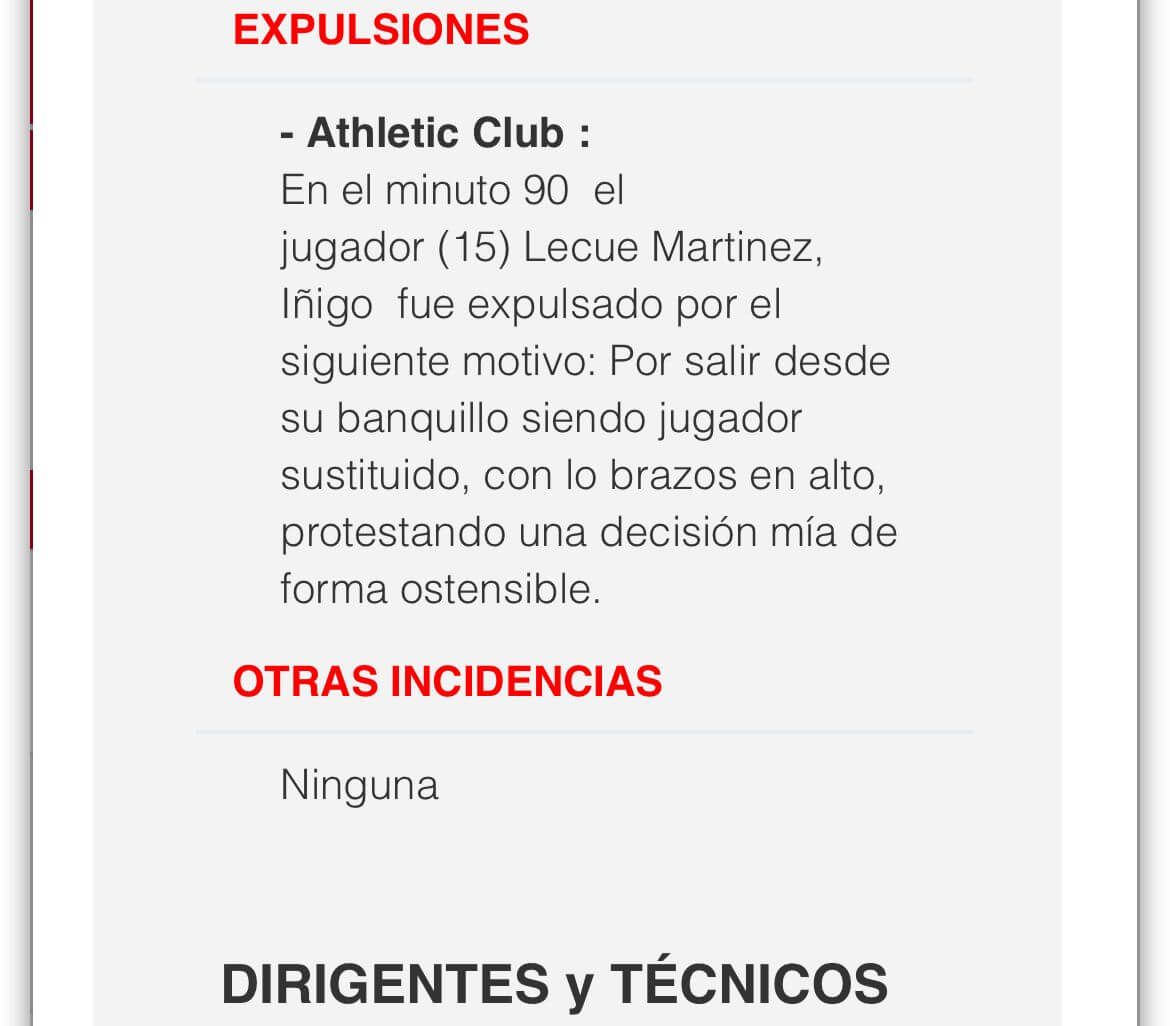 Acta arbitral del Athletic - Getafe.