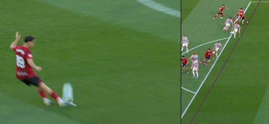  Imagen VAR con líneas de fuera de juego en vez del semiautomático en el gol del Mirandés.