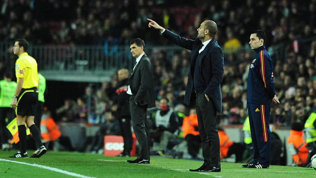  José Luis Mendilibar y Pep Guardiola (Fuente: Cordon Press)