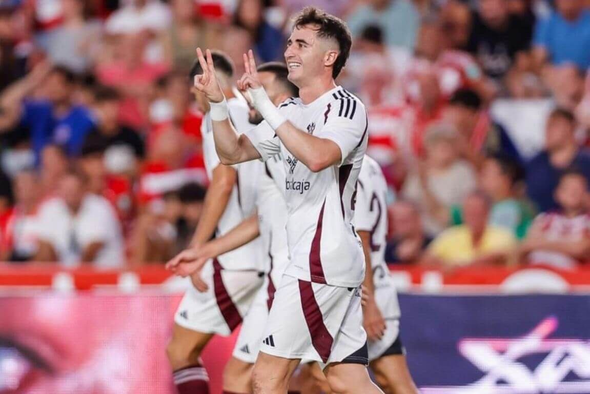 Gol del zornotzarra Jon Morcillo jugando con el Albacete Balompié la pasada temporada.