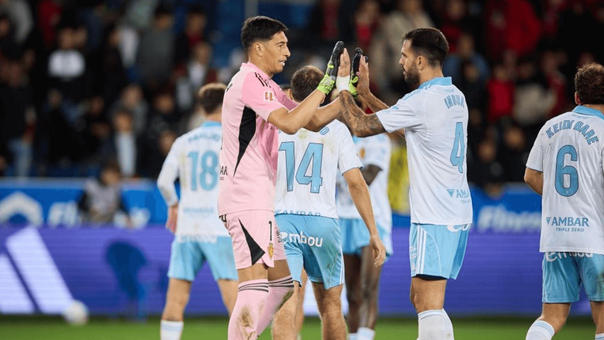 Andrada e Insua celebran el triunfo del Real Zaragoza ante el Mirandés.