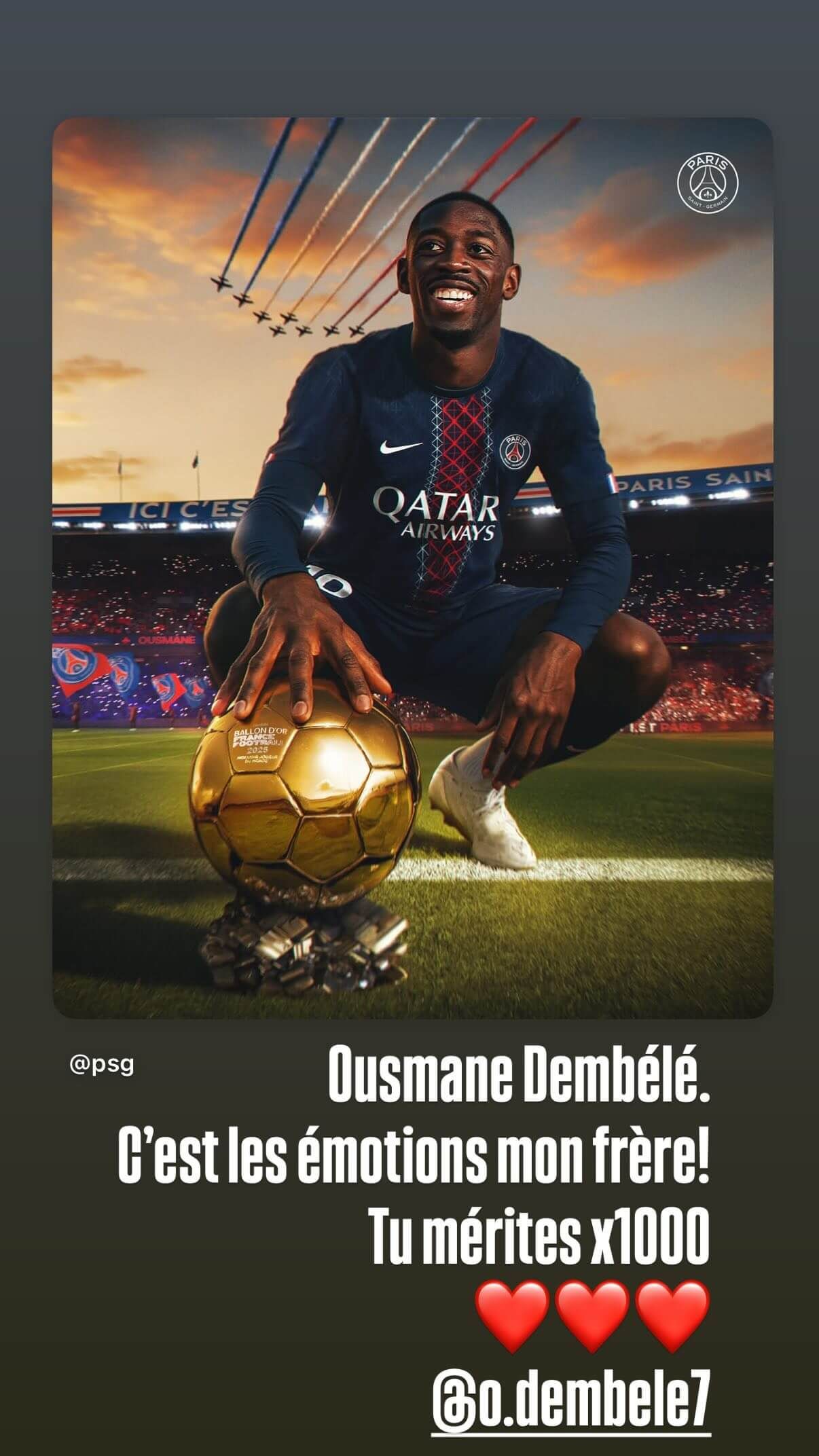 La felicitación de Mbappé a Dembélé por el Balón de Oro (Instagram: @k.mbappe)
