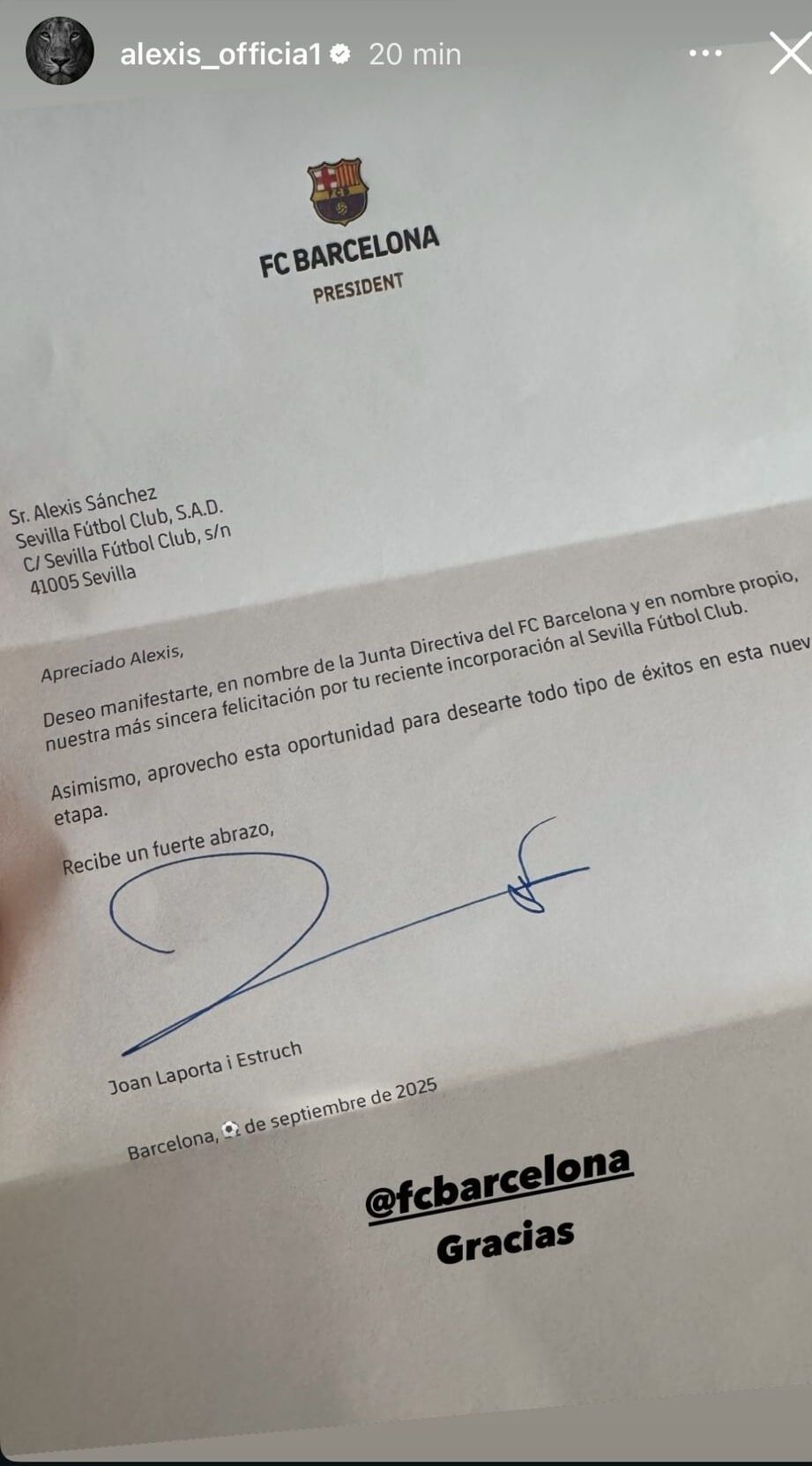  Carta de Joan Laporta a Alexis Sánchez felicitándole su fichaje por el Sevilla.