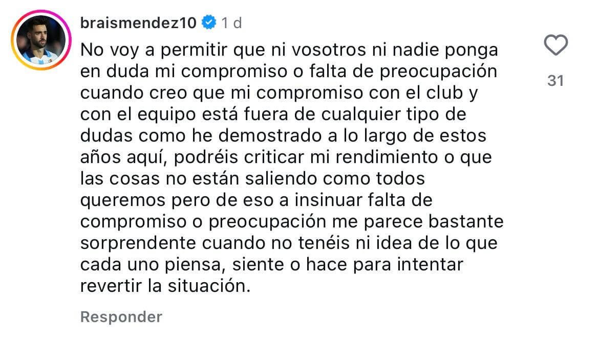 Comentario de Instagram de Brais Méndez.