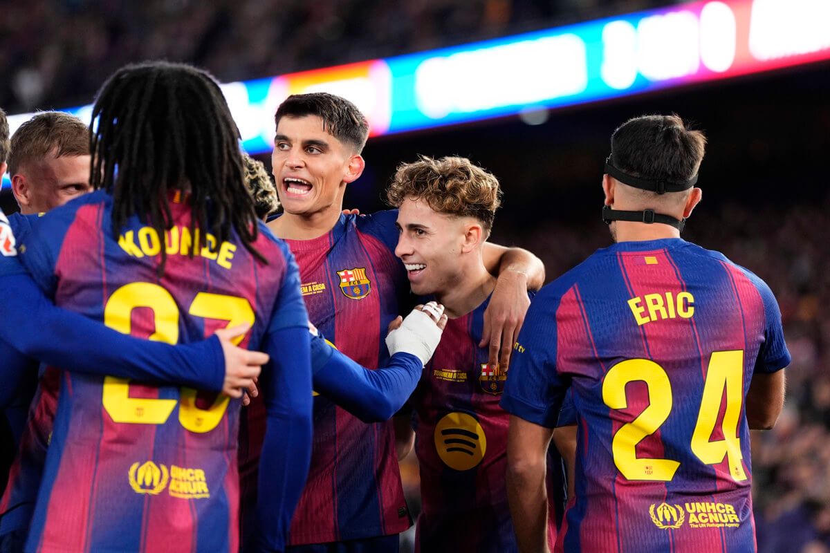 Celebración de un gol en el Barcelona-Athletic.