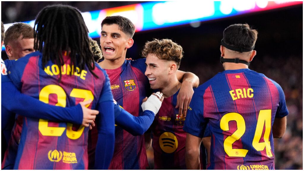 El Barcelona celebra el gol de Fermín López ante el Athletic Club. (EFE)