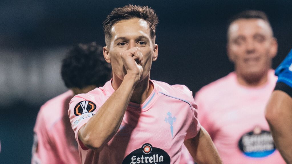 Bryan Zaragoza, celebrando el gol que le ha quitado la UEFA (Celta de Vigo)