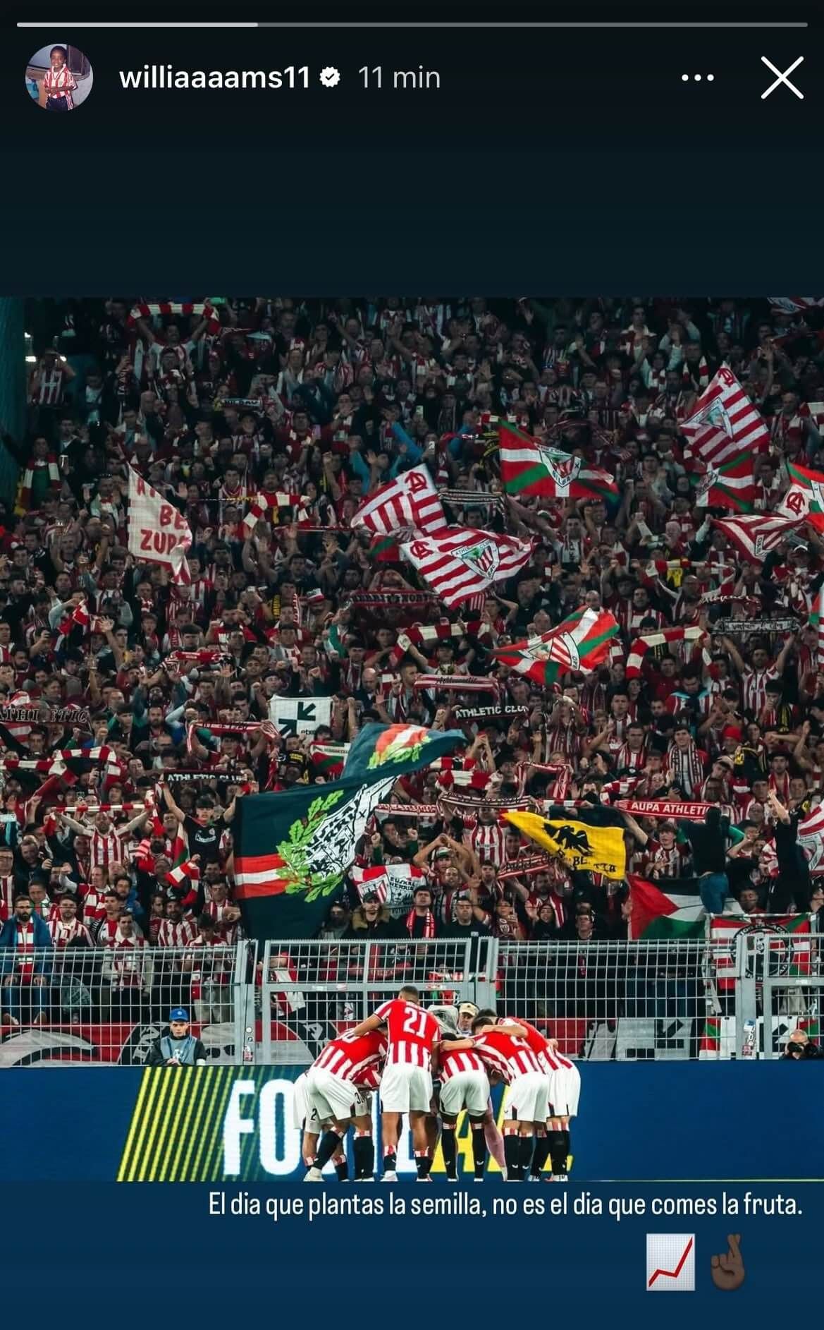 Mensaje de Iñaki Williams en sus redes sociales junto a una foto del equipo y la afición.