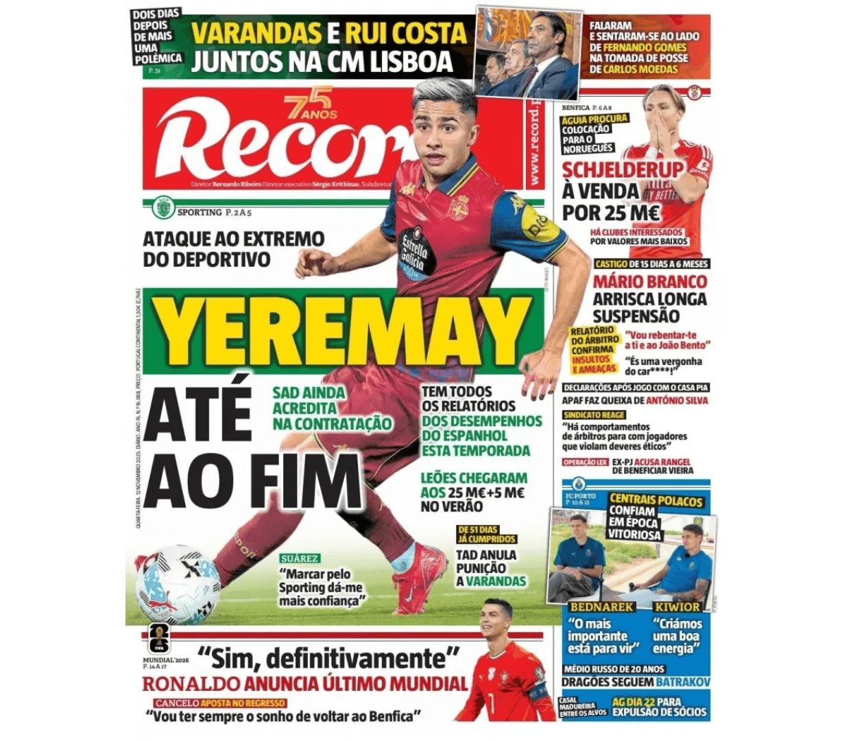  La portada del diario Record, dedicada a Yeremay Hernández.