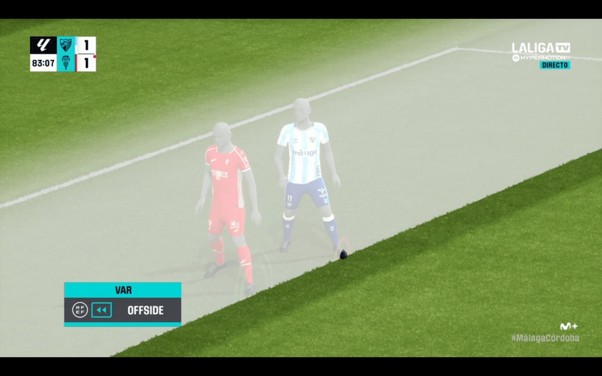 La posición de Eneko Jauregi en el gol anulado al Málaga ante el Córdoba.