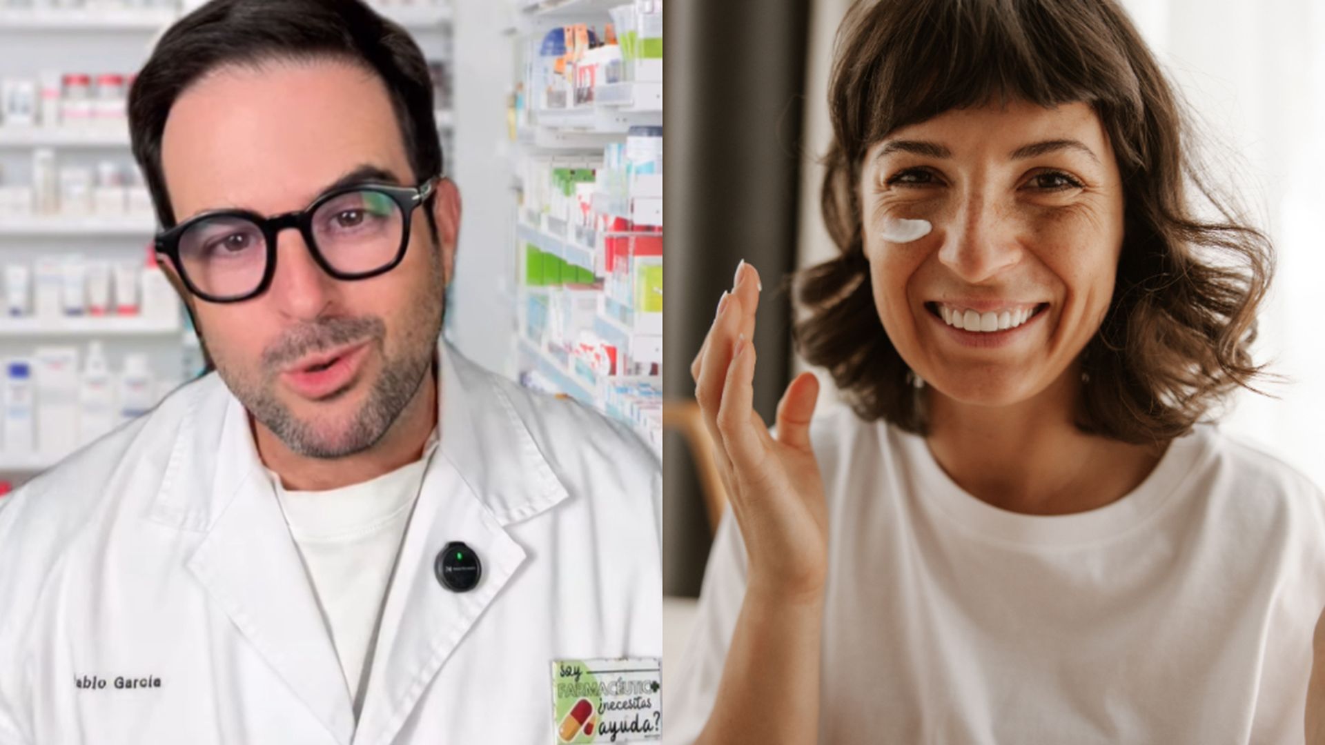 Pablo García y una mujer echándose crema