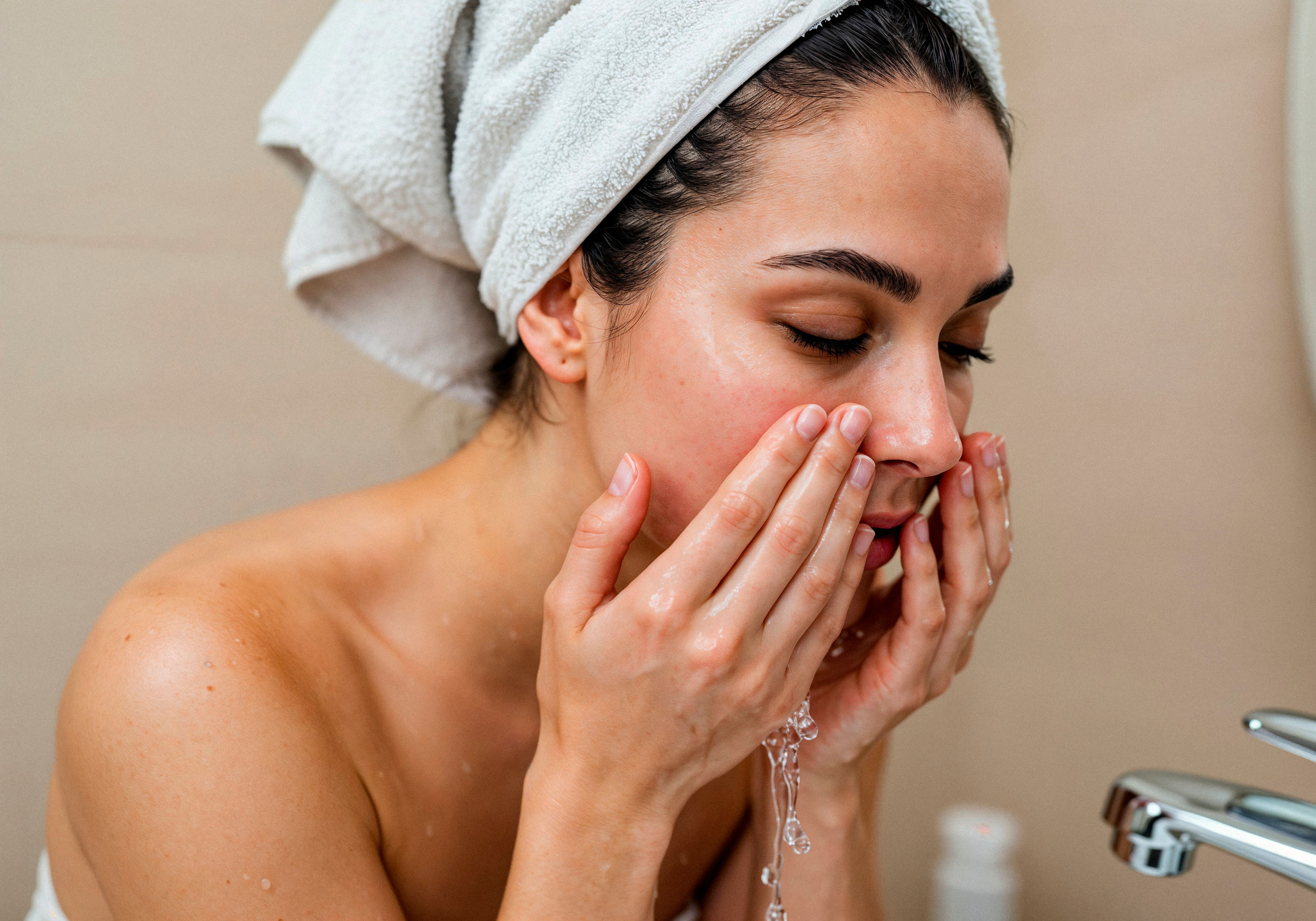 Mujer lavándose la cara con agua en el baño