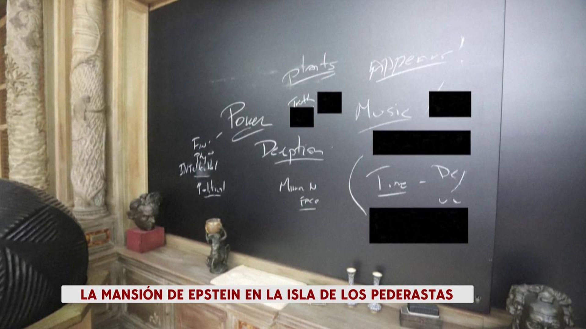 Una pizarra con palabras clave en la isla de los pedófilos de Epstein