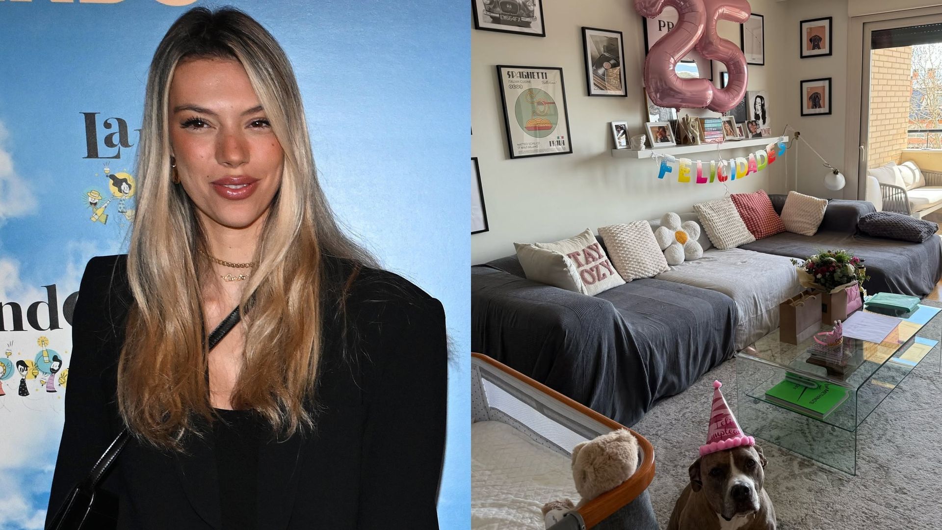 Alejandra Rubio y el salón de su casa, en un montaje de fotos