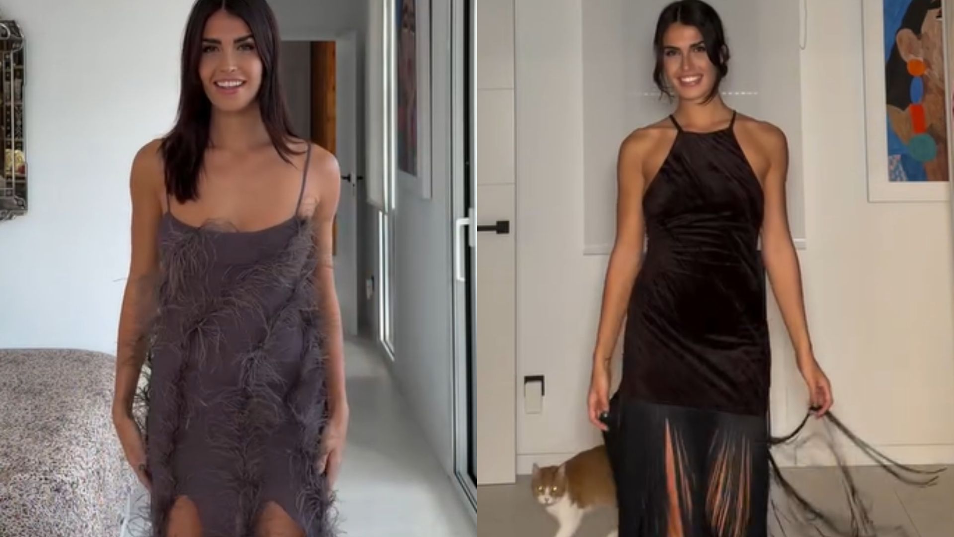 Look: vestido Slip Dress en morado y vestido de terciopelo marrón con flecos largos