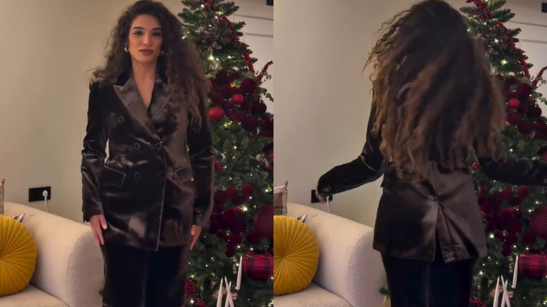 Primer look:  traje de dos piezas en color marrón chocolate