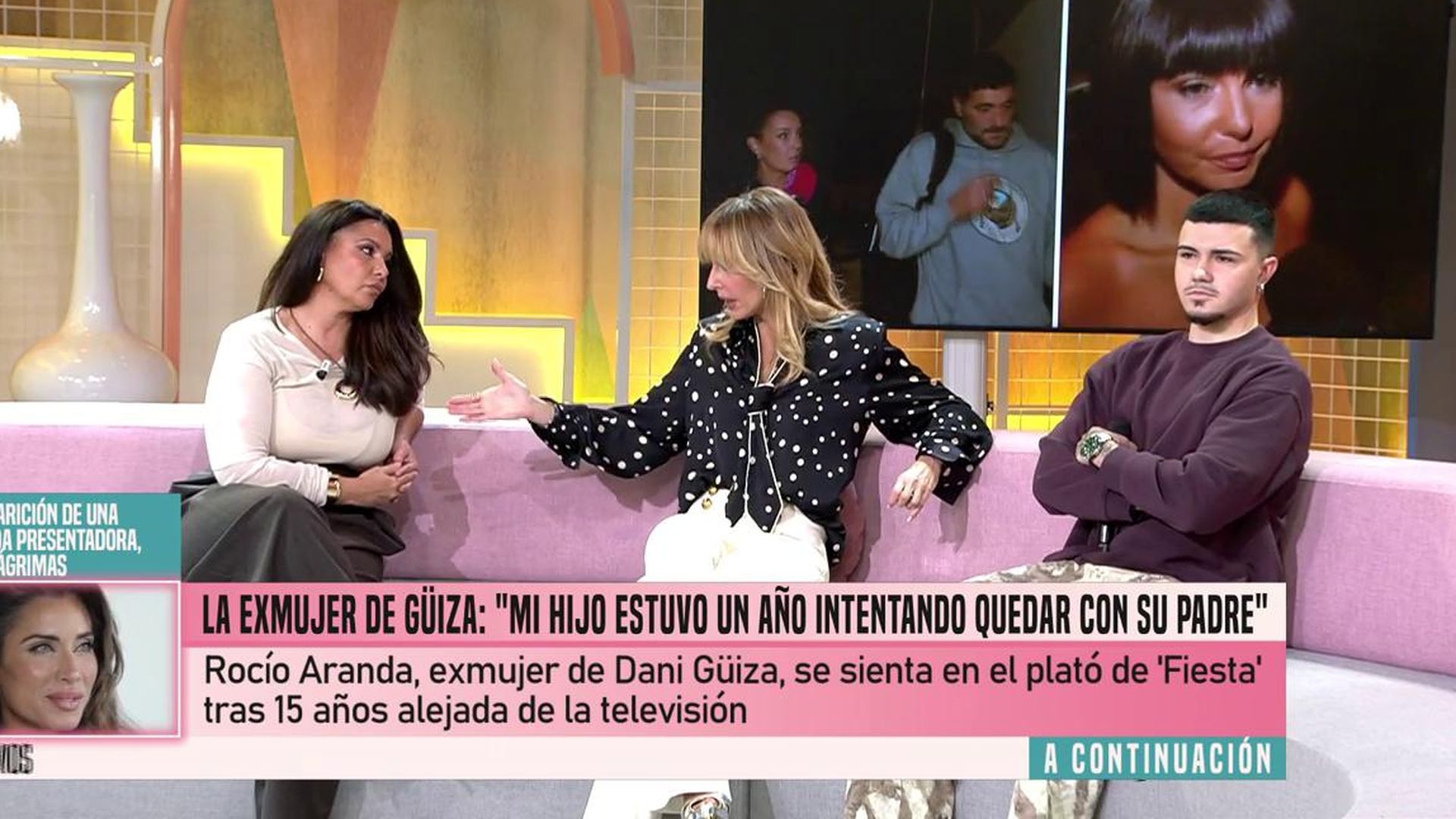 Rocío Aranda, junto a Emma García y su hijo Cristian en su reaparición en 'Fiesta'