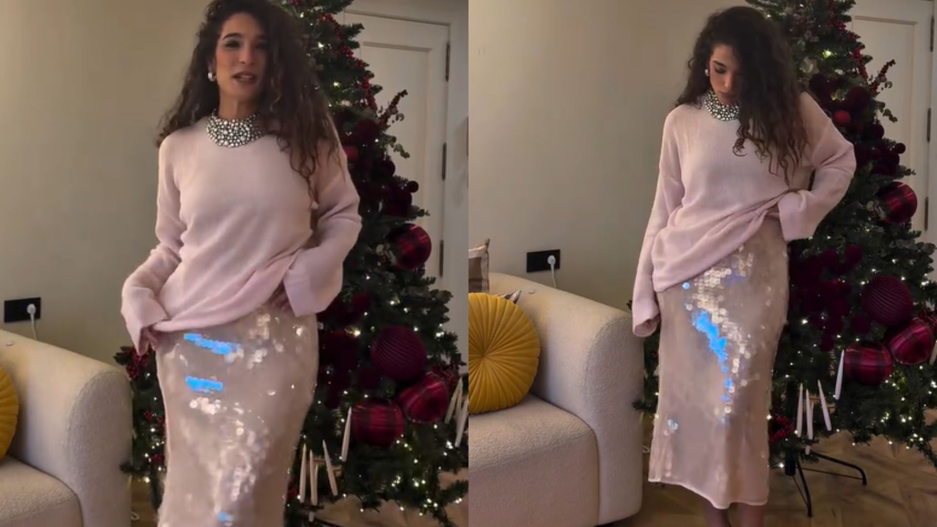 Segundo look: falda de corte midi de brillos combinada con un jersey