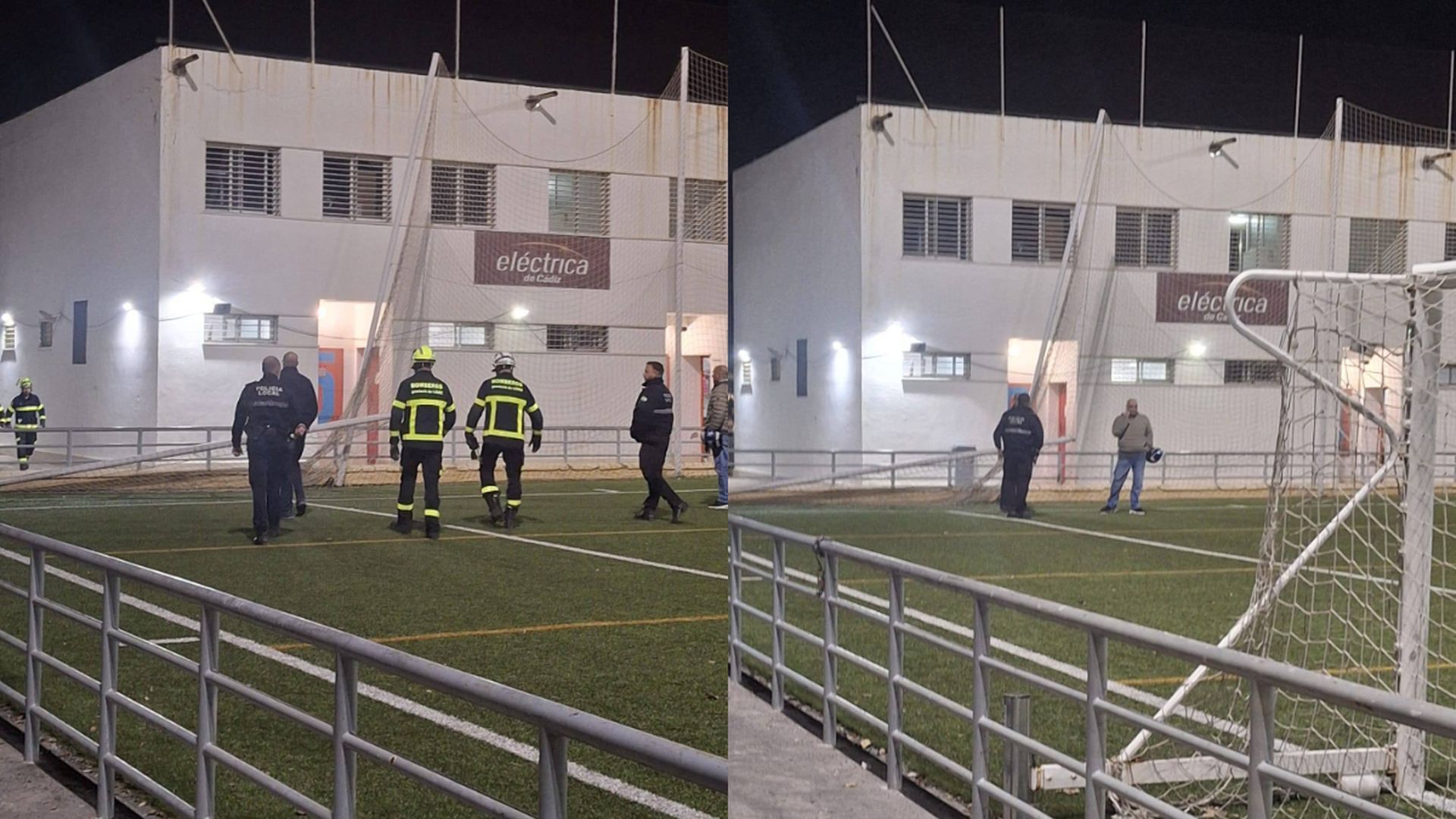 Poste caído en una instalación deportiva municipal de Cádiz