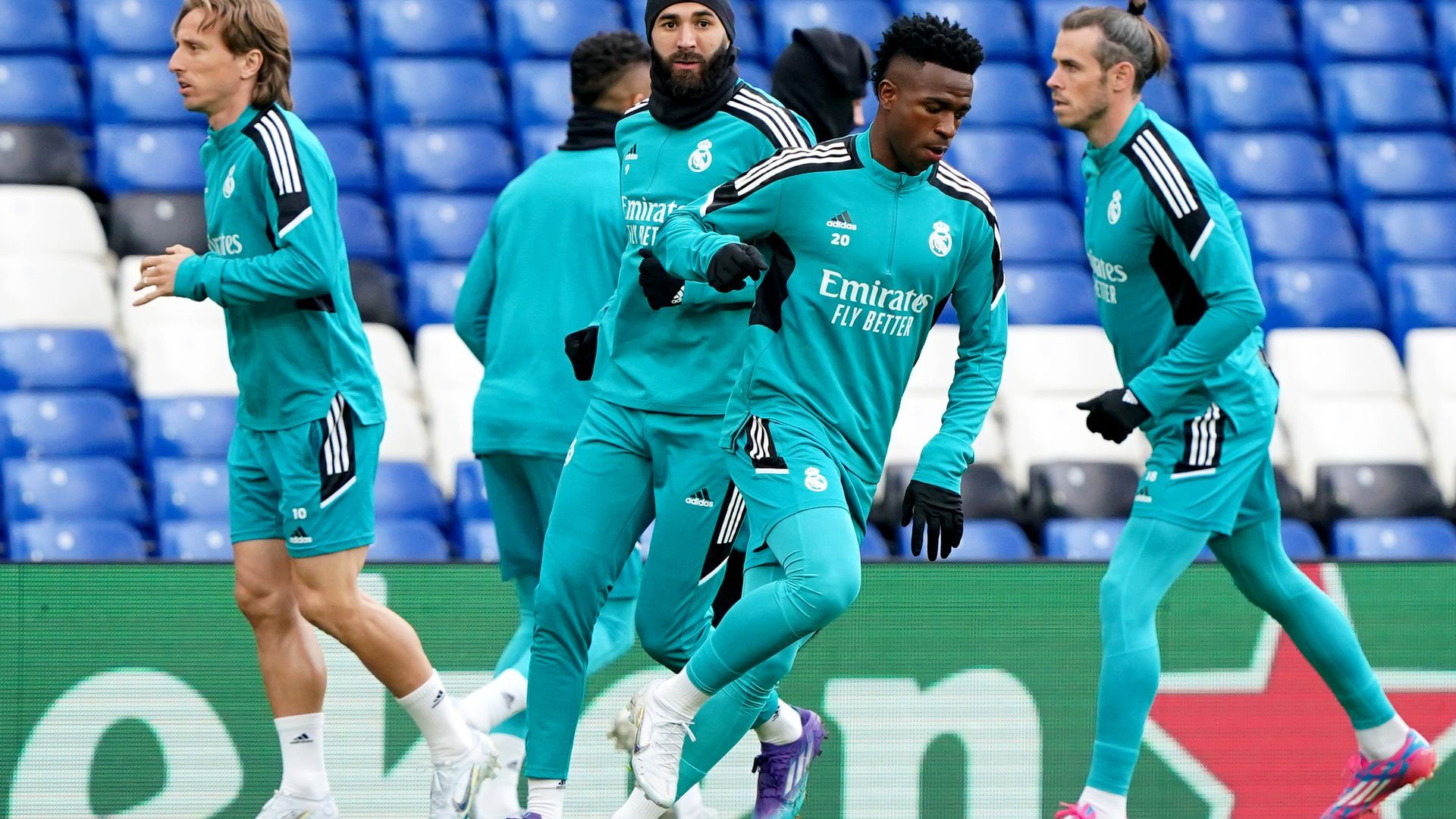Karim Benzema, Modric, Vinicius y Bale en un entrenamiento