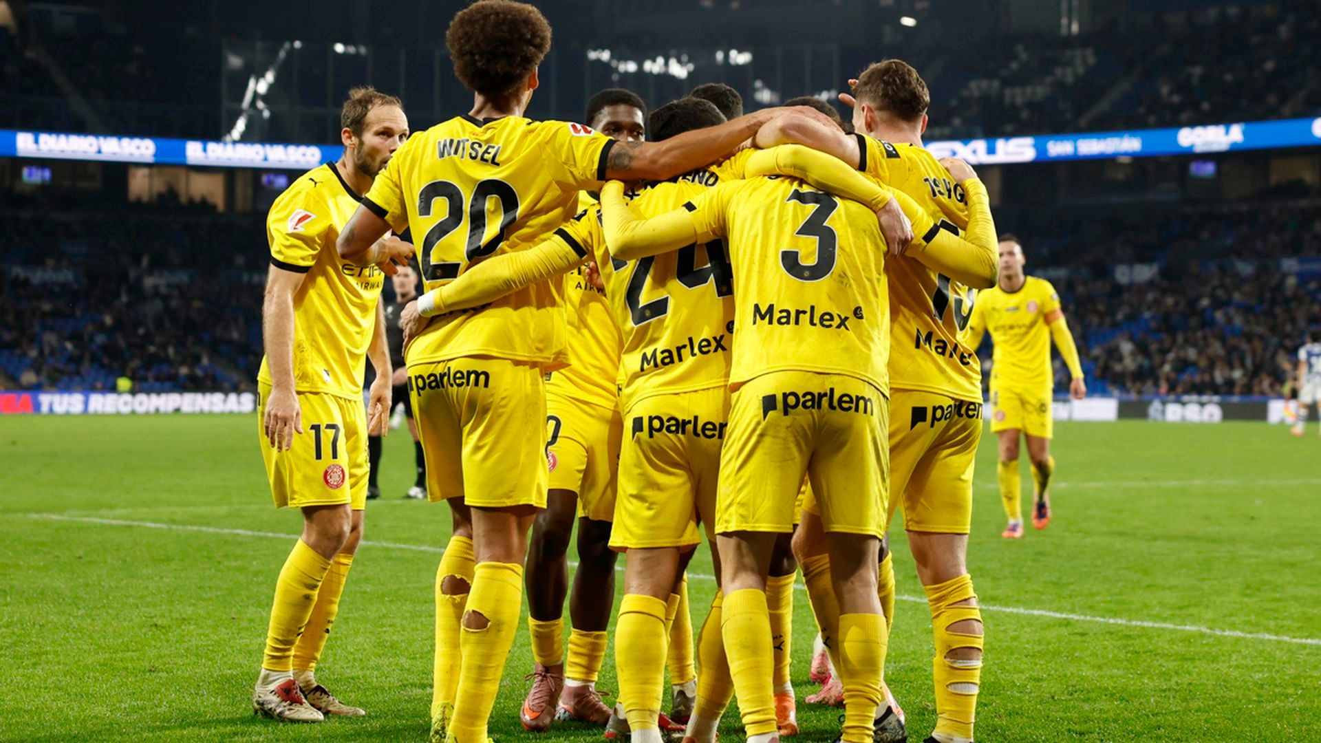 Celebración del Girona ante la Real Sociedad