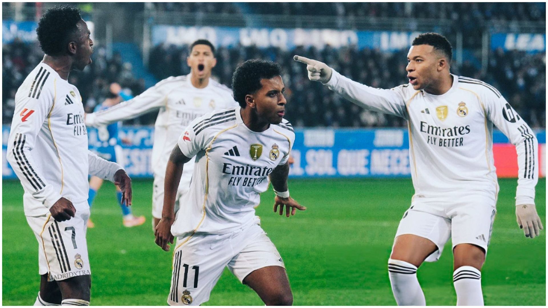 Vinicius, Rodrygo y Mbappé celebran el gol de Rodrygo Vinicius, Rodrygo y Mbappé celebran el gol de Rodrygo