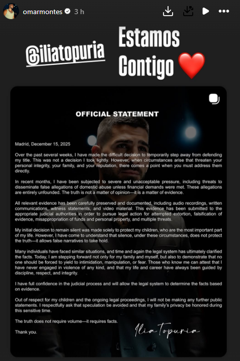 Omar Montes ha mandado un mensaje de apoyo a Ilia Topuria