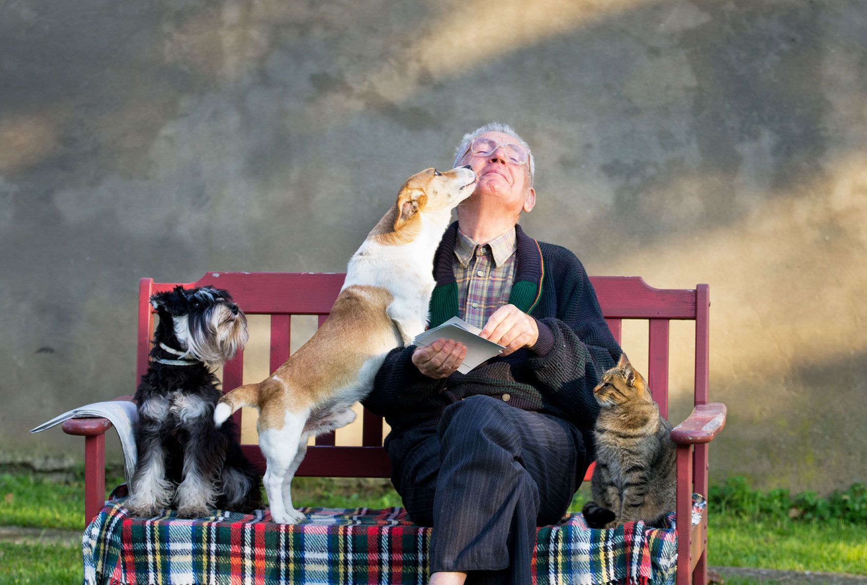 Un hombre mayor con sus mascotas