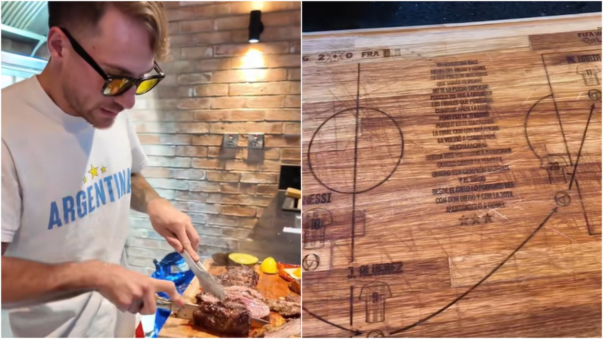 Mac Allister preparando un asado en la tabla del Mundial