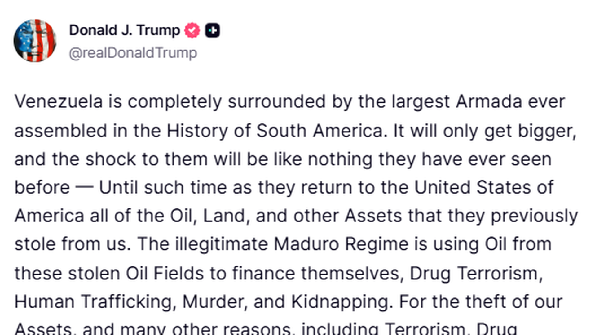 Mensaje de Donald Trump en la red social Truth Social