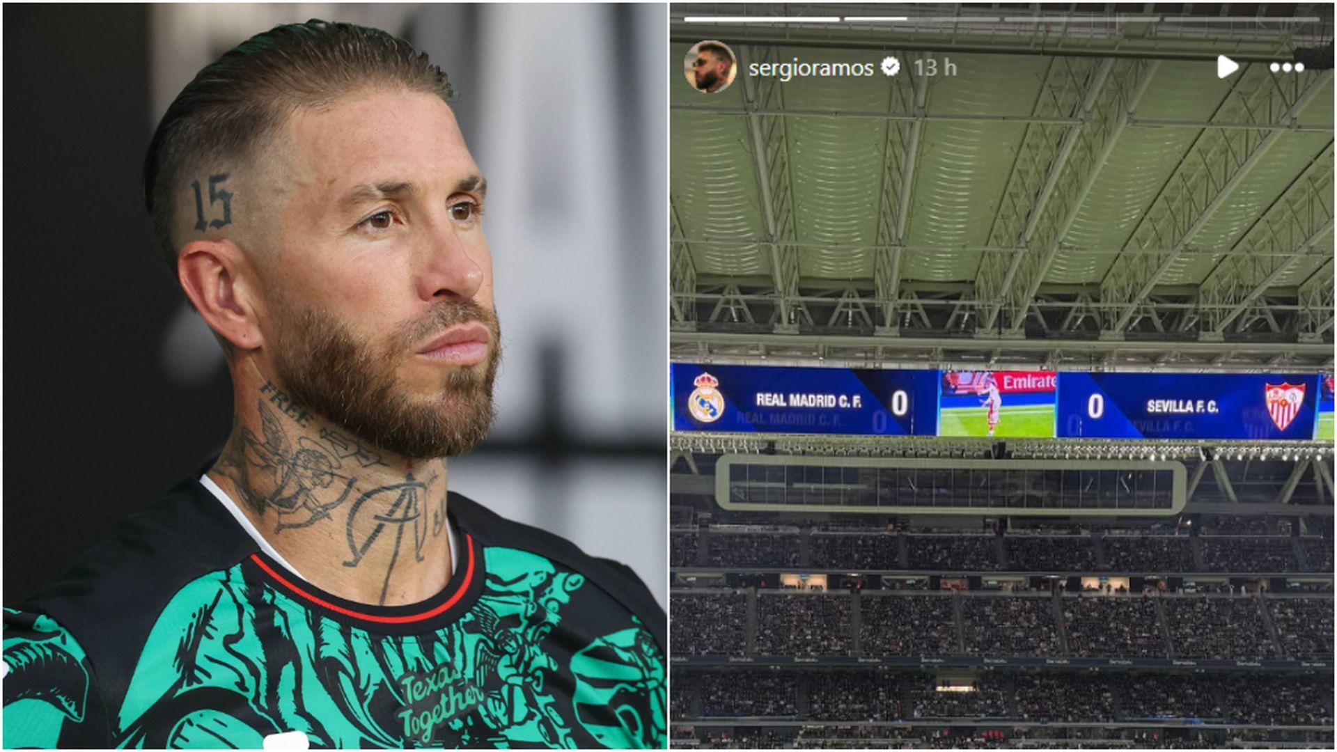 Fotomontaje de Sergio Ramos y su historia de Instagram en el Bernabéu Fotomontaje de Sergio Ramos y su historia de Instagram en el Bernabéu