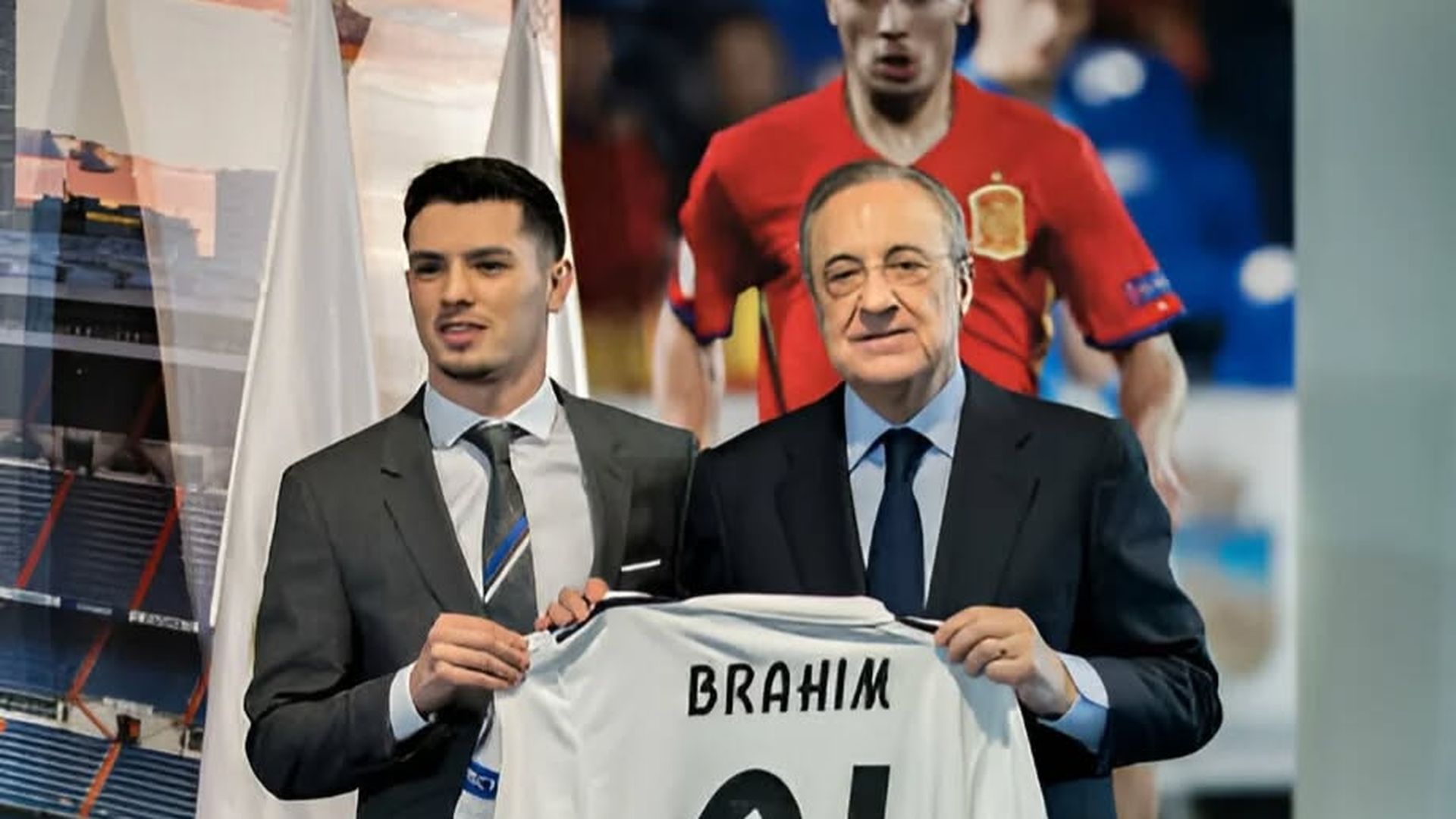 Brahim Díaz y Florentino Pérez en la presentación del marroquí