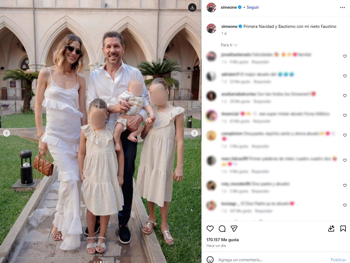 Cholo Simeone con su mujer, sus hijas y su nieto Faustino