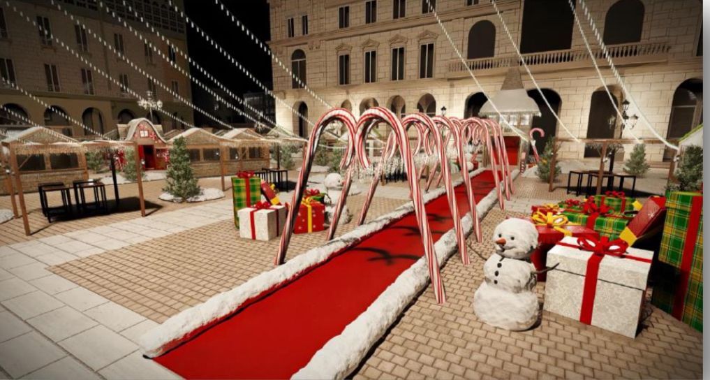 Imagen del proyecto del Mercado Navideño de A Coruña con adornos y actividades infantiles