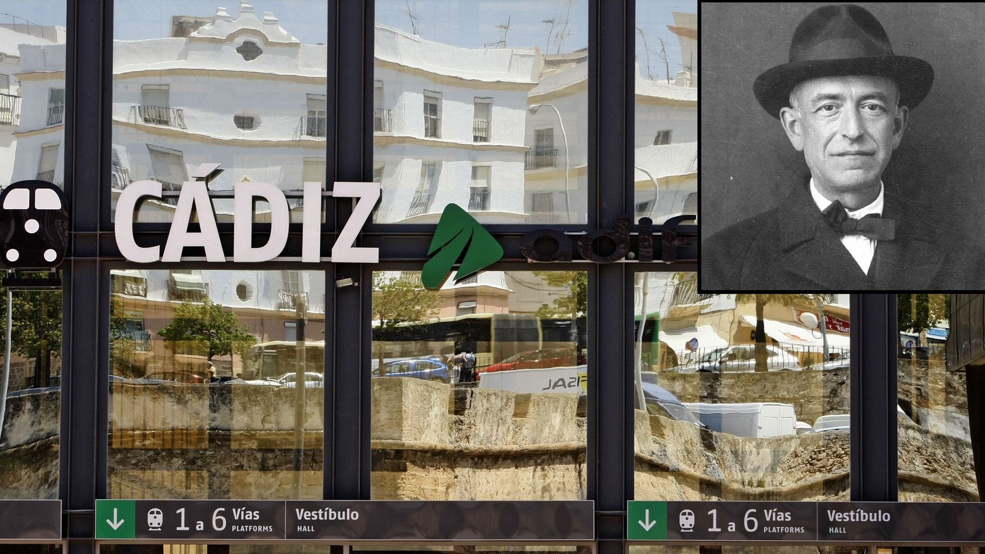 Montaje de estación de trenes de Cádiz con fotografía de Manuel de Falla Montaje de estación de trenes de Cádiz con fotografía de Manuel de Falla