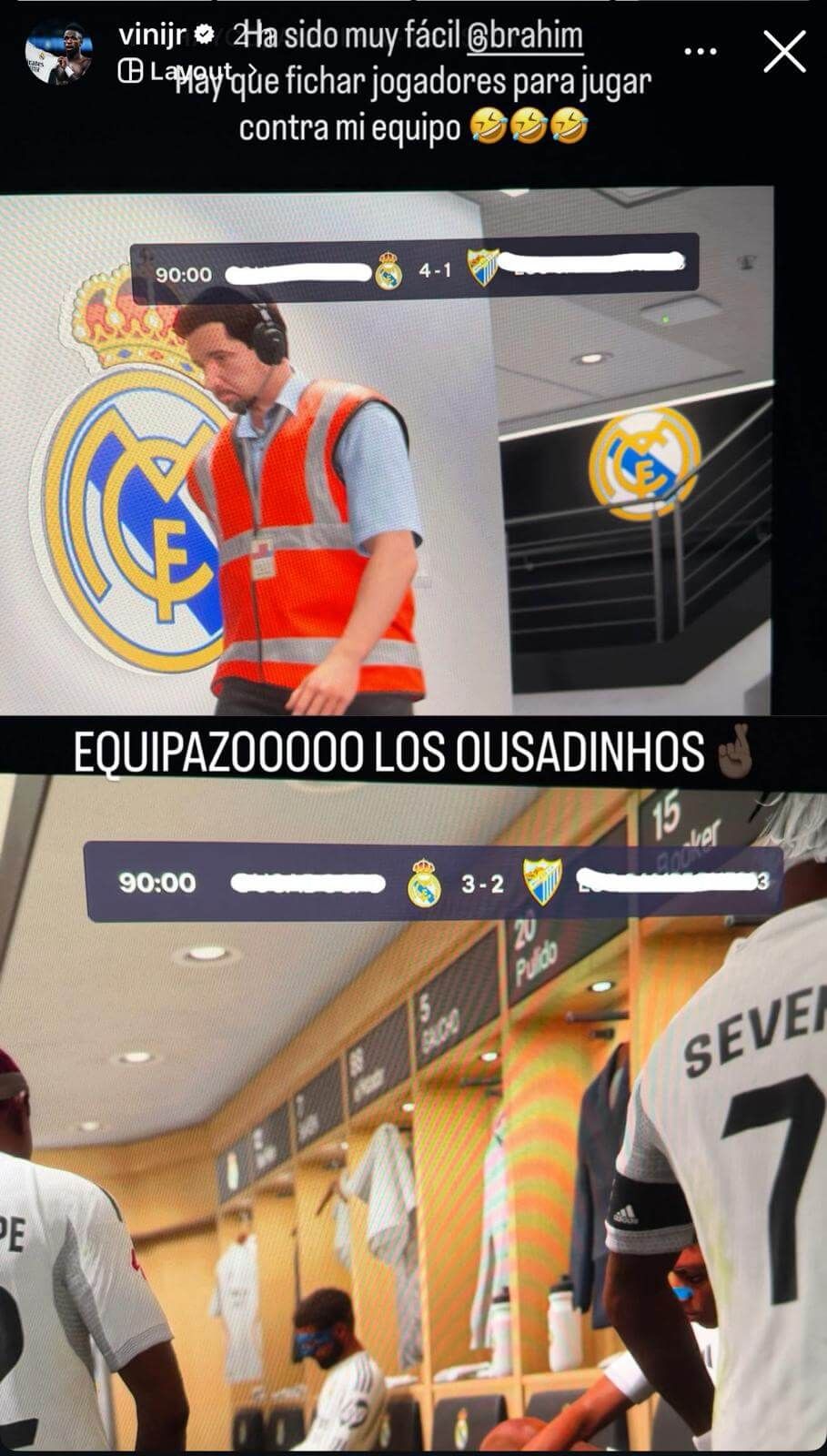  El mensaje de Vinicius Jr. a Brahim Díaz en Instagram.