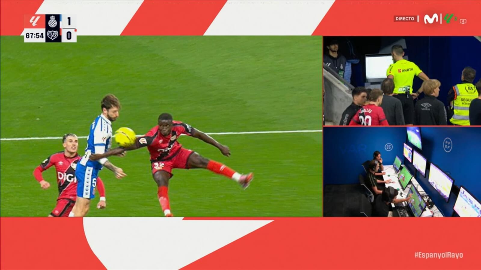  El VAR avisó a Sánchez Martínez de una posible mano de Mendy en el Espanyol-Rayo (captura Movistar)