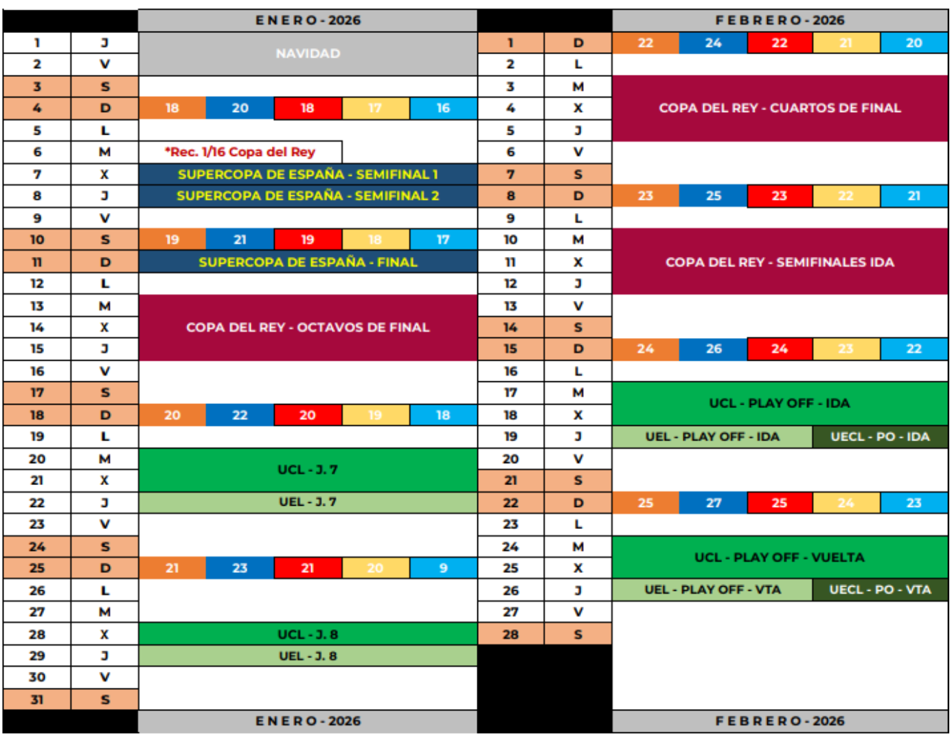 El calendario oficial de la RFEF de enero y febrero