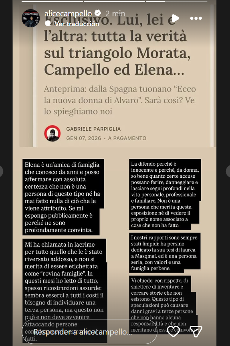 Alice Campello aclara la polémica con Morata